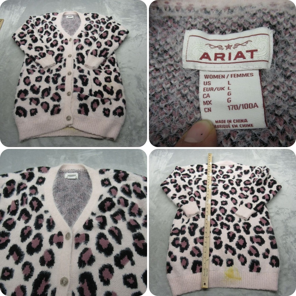 Ariat Sweater Women Large Pretty in Pink Leopard Soft Cardigan Button Front READ